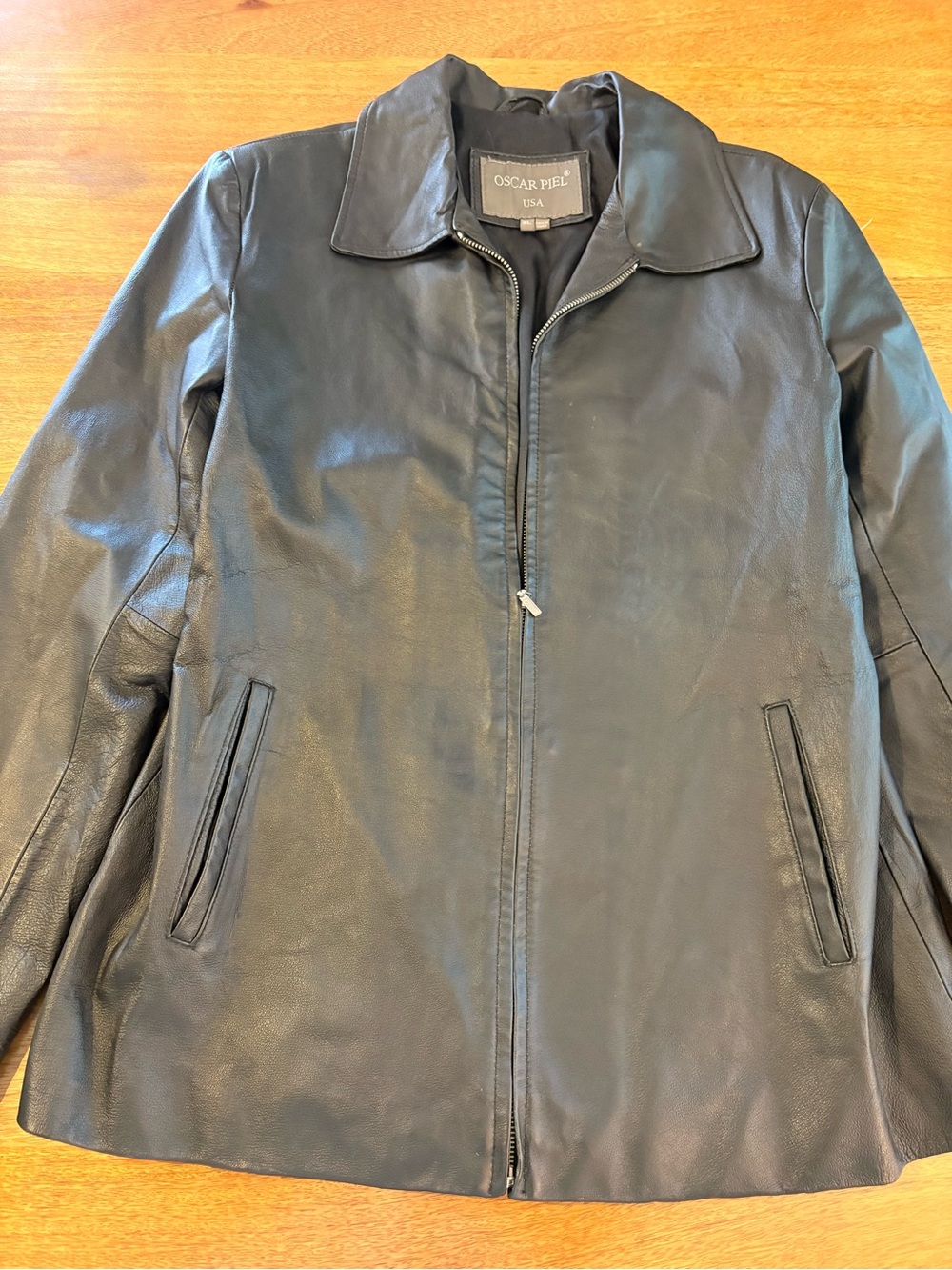 Oscar Piel Black 100% Leather Zip-Front Shirt Jacket